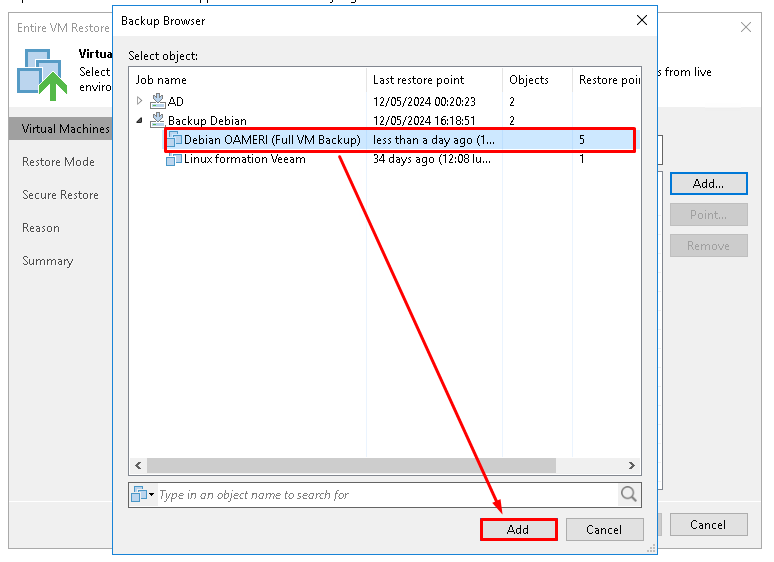 Restauration complète d'une VM avec Veeam Backup