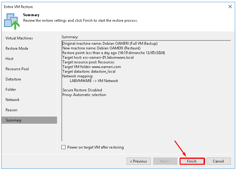 Restauration complète d'une VM avec Veeam Backup