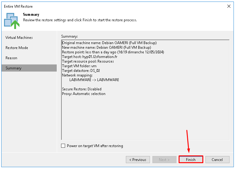 Restauration complète d'une VM avec Veeam Backup