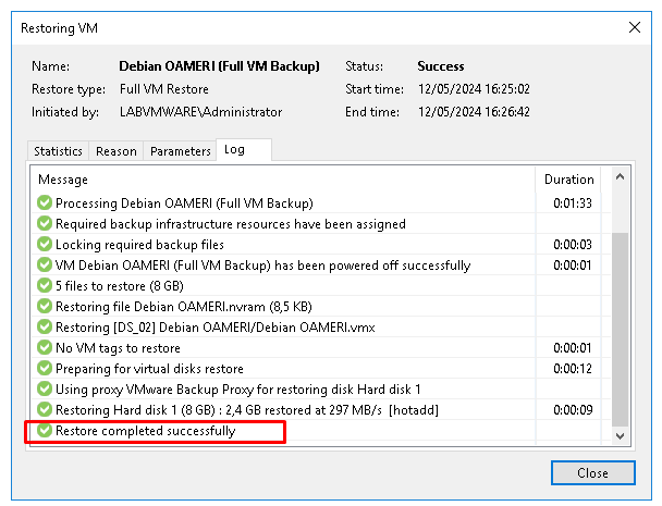 Restauration complète d'une VM avec Veeam Backup